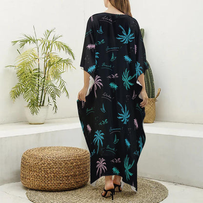 Palm Tree Summer Beach Pattern Print Silk V-Neck Kaftan Dress