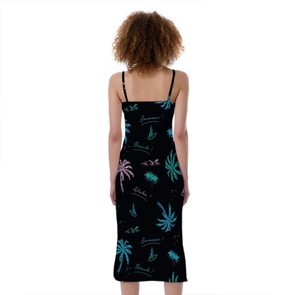Palm Tree Summer Beach Pattern Print Slim Fit Midi Cami Dress