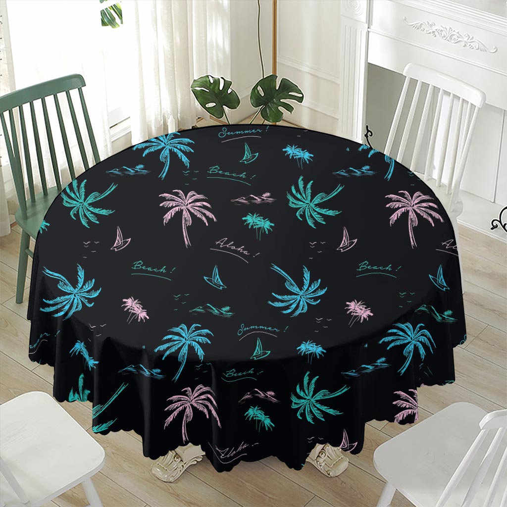 Palm Tree Summer Beach Pattern Print Waterproof Round Tablecloth