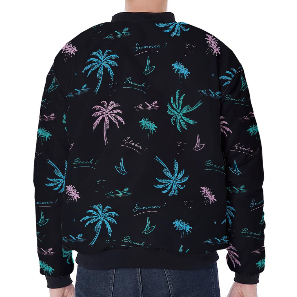 Palm Tree Summer Beach Pattern Print Zip Sleeve Bomber Jacket