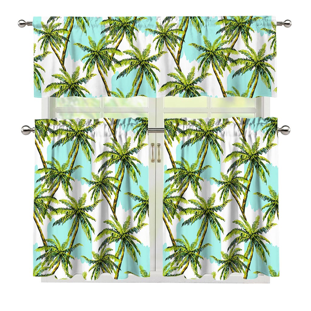Palm Tree Tropical Pattern Print 3 Piece Kitchen Curtains
