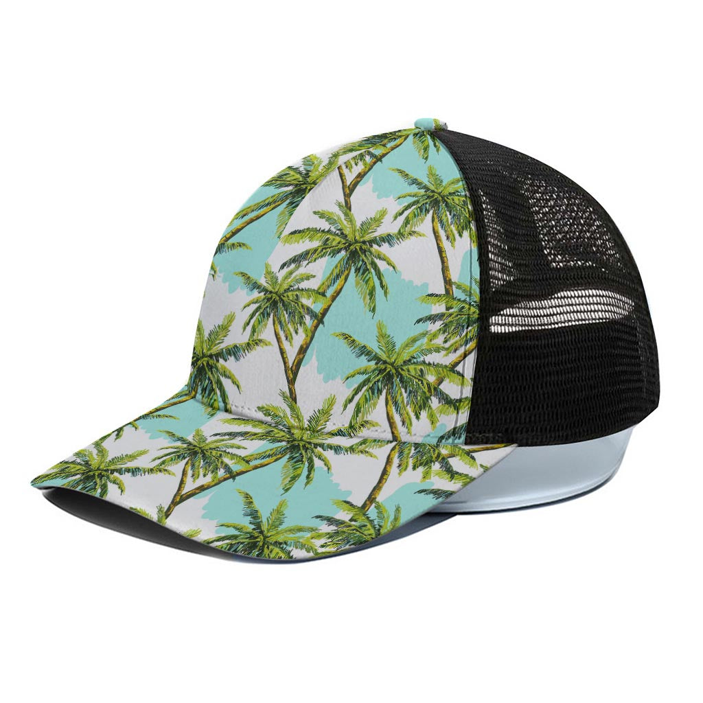 Palm Tree Tropical Pattern Print Black Mesh Trucker Cap