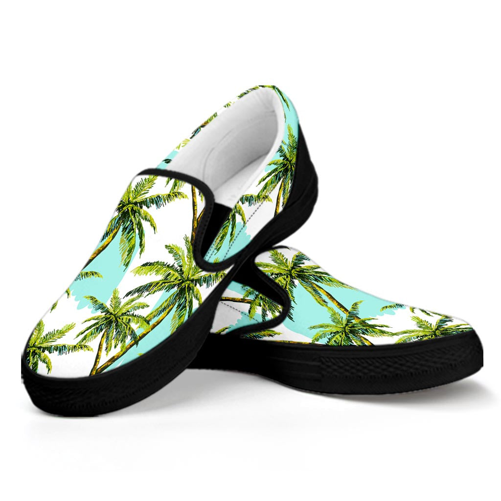 Palm Tree Tropical Pattern Print Black Slip On Sneakers