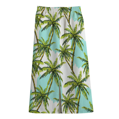 Palm Tree Tropical Pattern Print Cotton Front Slit Maxi Skirt