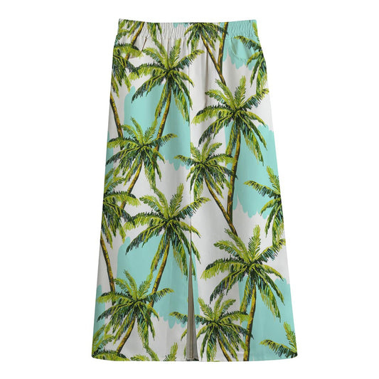 Palm Tree Tropical Pattern Print Cotton Front Slit Maxi Skirt
