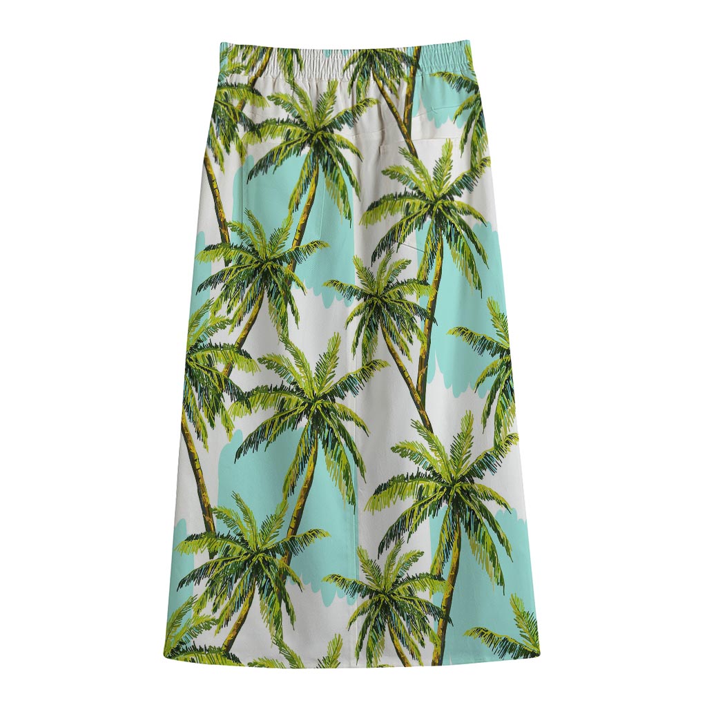 Palm Tree Tropical Pattern Print Cotton Front Slit Maxi Skirt