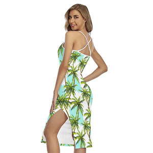 Palm Tree Tropical Pattern Print Cross Back Cami Dress