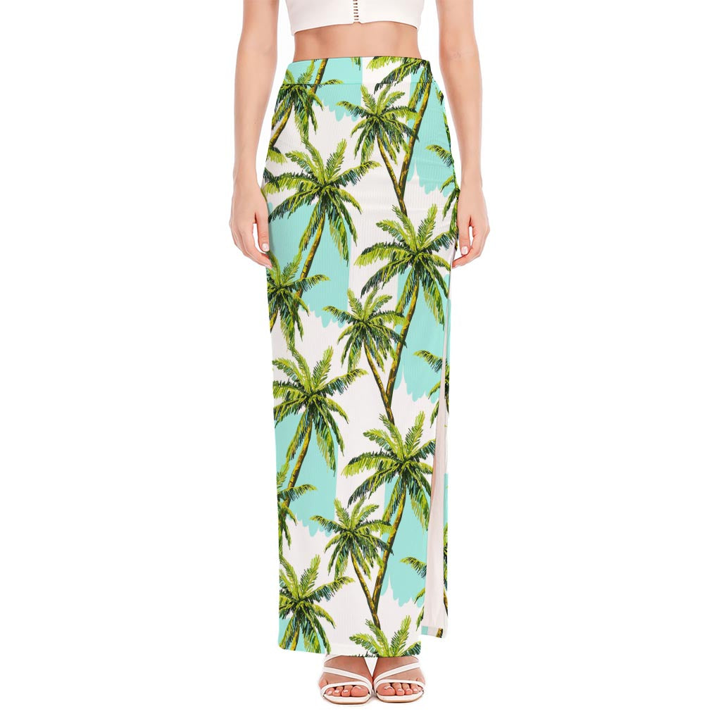 Palm Tree Tropical Pattern Print High Slit Maxi Skirt