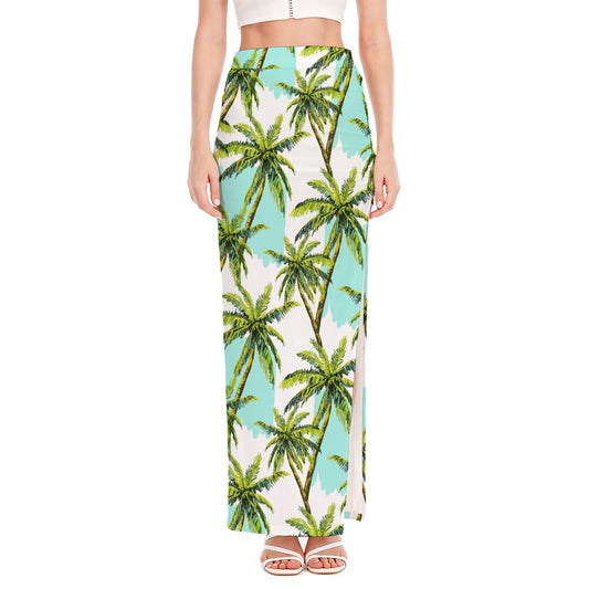 Palm Tree Tropical Pattern Print High Slit Maxi Skirt