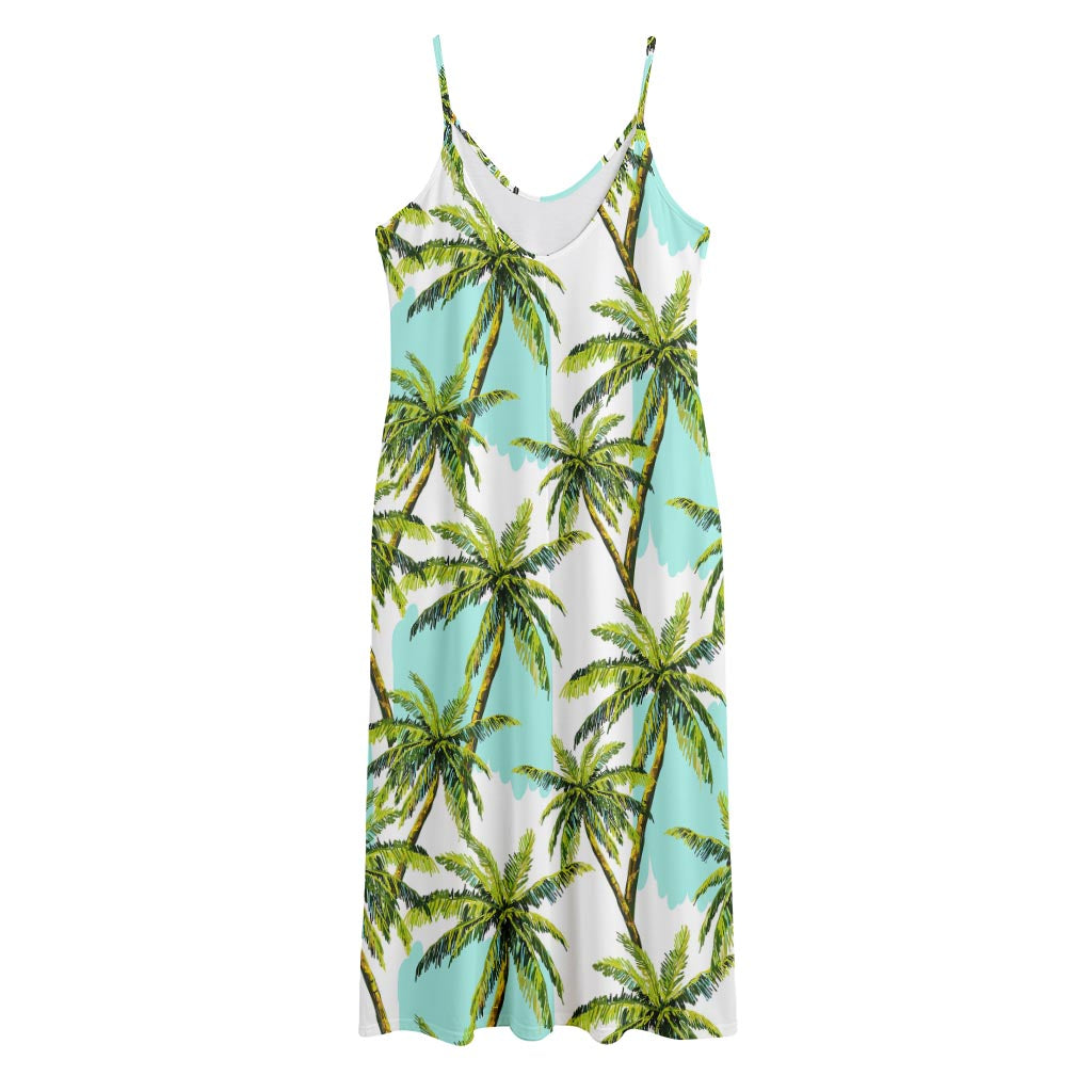 Palm Tree Tropical Pattern Print Jersey Midi Cami Dress