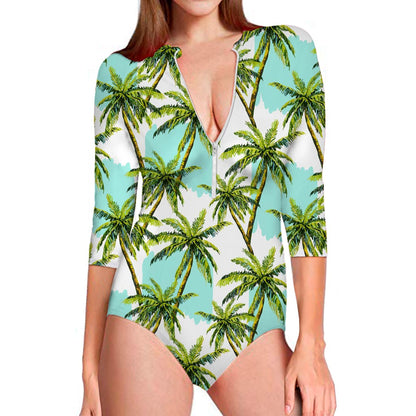 Palm Tree Tropical Pattern Print Long Sleeve Swimsuit