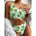 Palm Tree Tropical Pattern Print One Shoulder Bikini Set