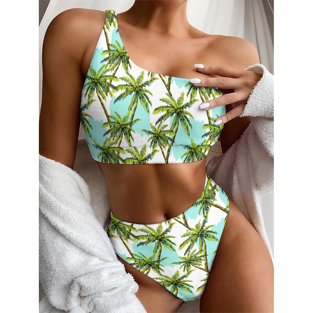 Palm Tree Tropical Pattern Print One Shoulder Bikini Top