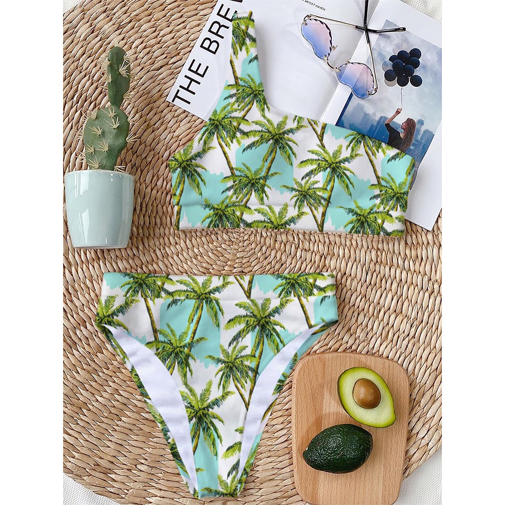 Palm Tree Tropical Pattern Print One Shoulder Bikini Top