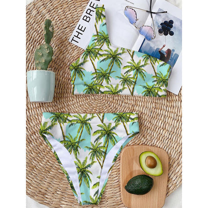 Palm Tree Tropical Pattern Print One Shoulder Bikini Top