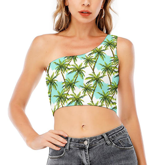 Palm Tree Tropical Pattern Print One Shoulder Crop Top