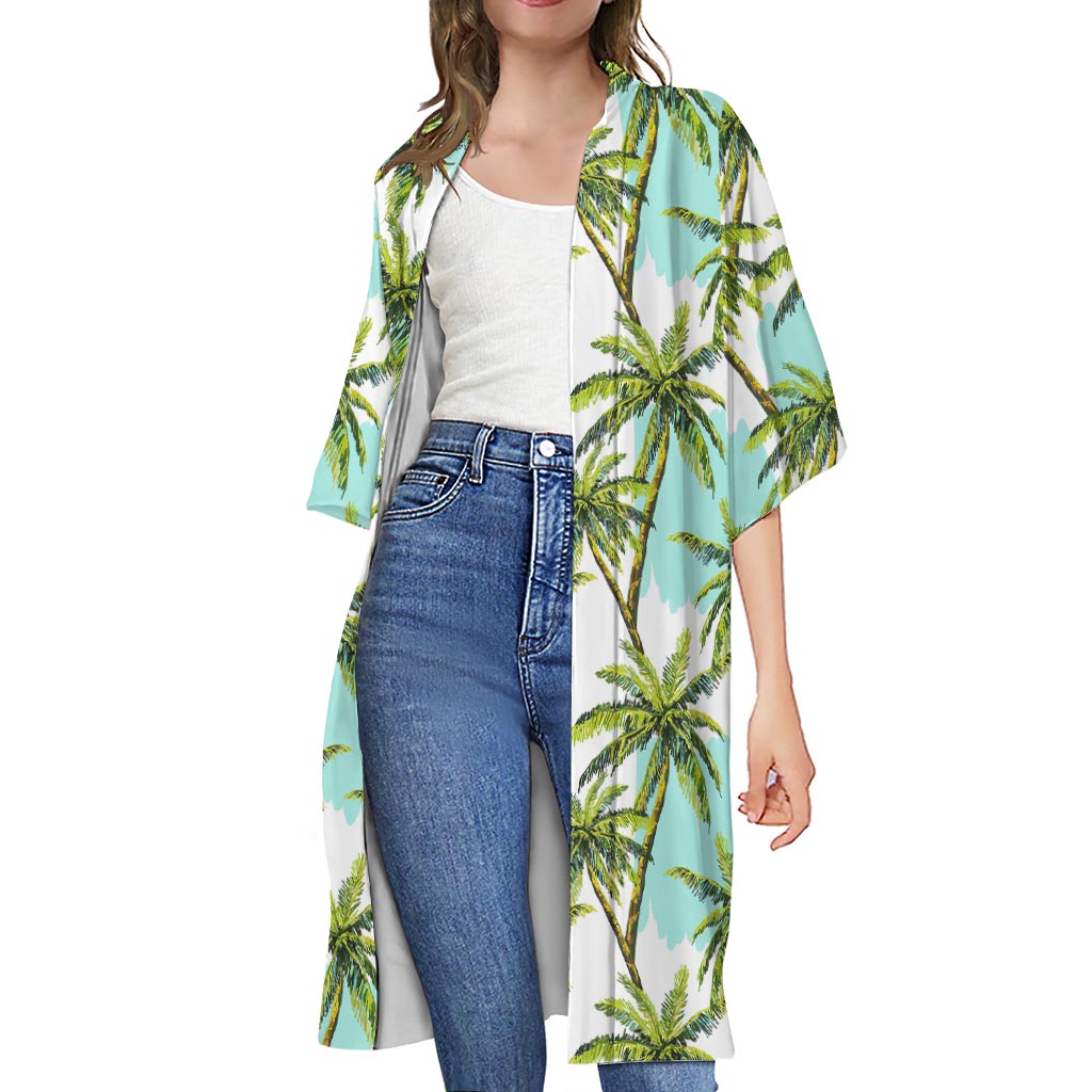 Palm Tree Tropical Pattern Print Open Front Beach Cover Up