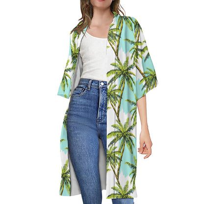 Palm Tree Tropical Pattern Print Open Front Beach Cover Up