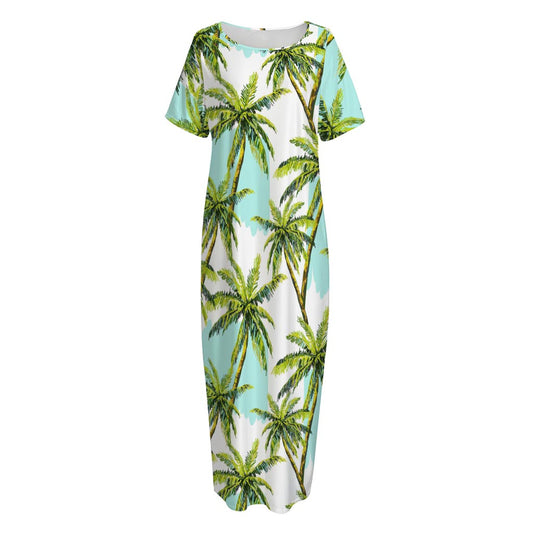 Palm Tree Tropical Pattern Print Short Sleeve Long Nightdress