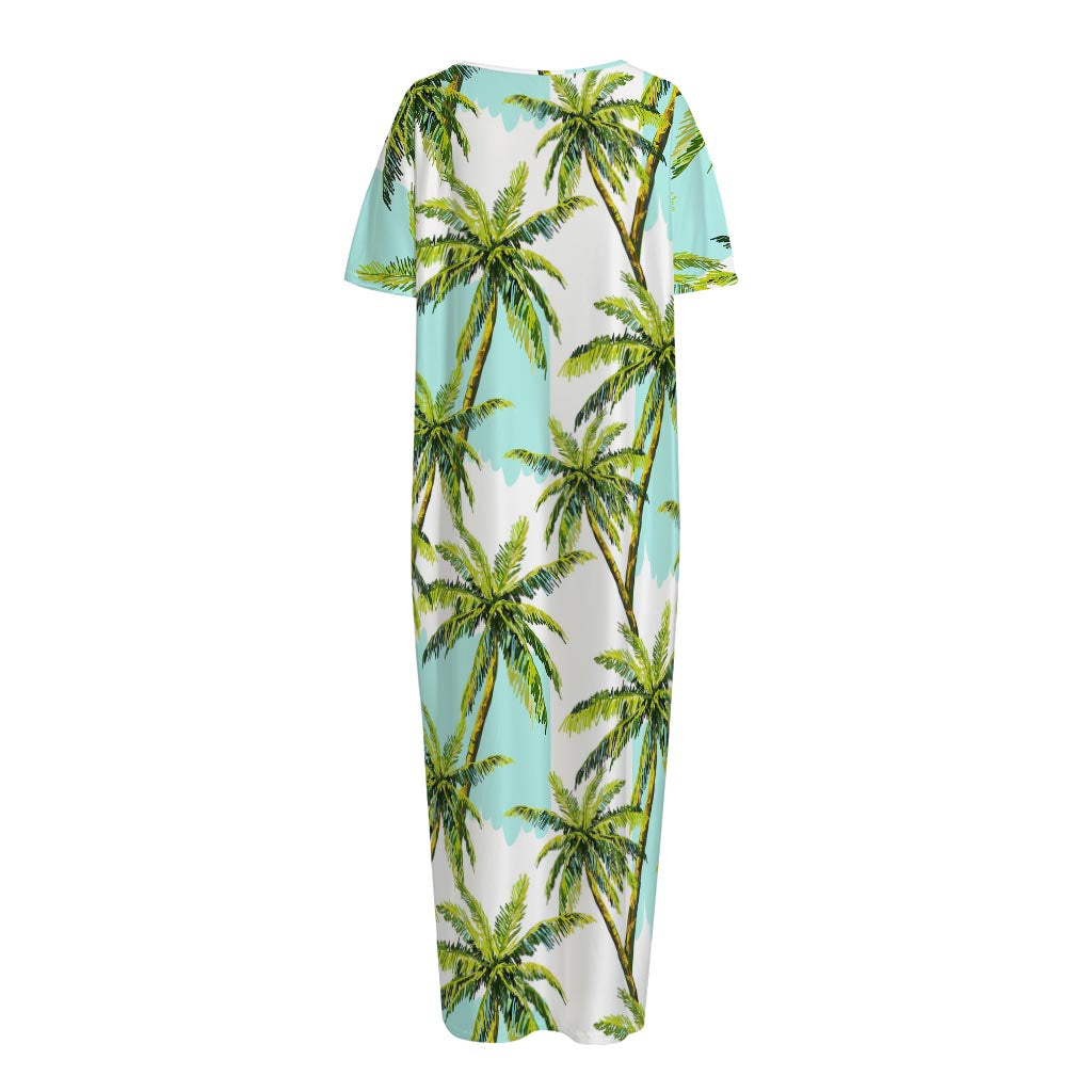 Palm Tree Tropical Pattern Print Short Sleeve Long Nightdress
