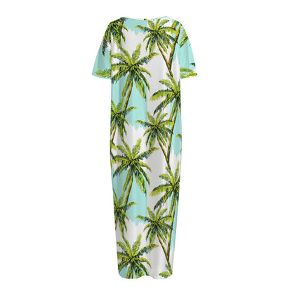 Palm Tree Tropical Pattern Print Short Sleeve Long Nightdress
