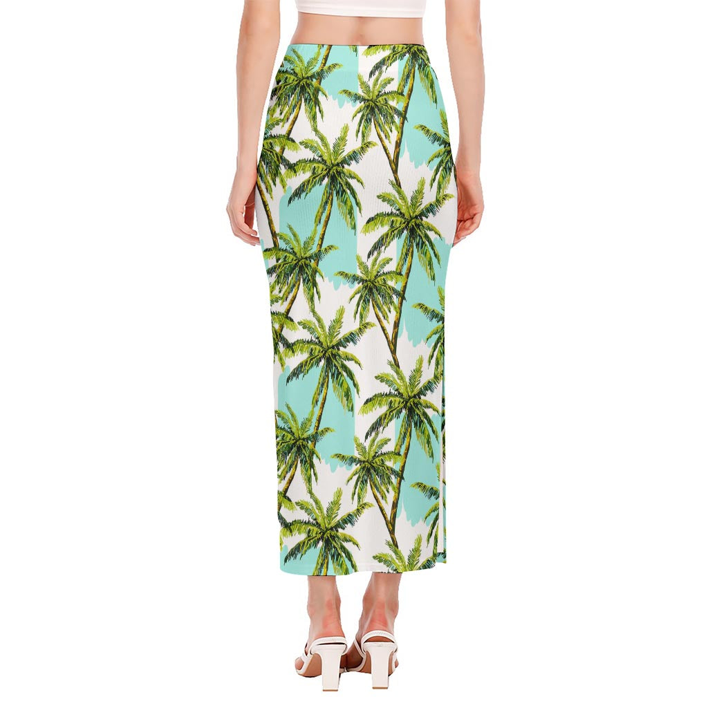 Palm Tree Tropical Pattern Print Side Slit Maxi Skirt