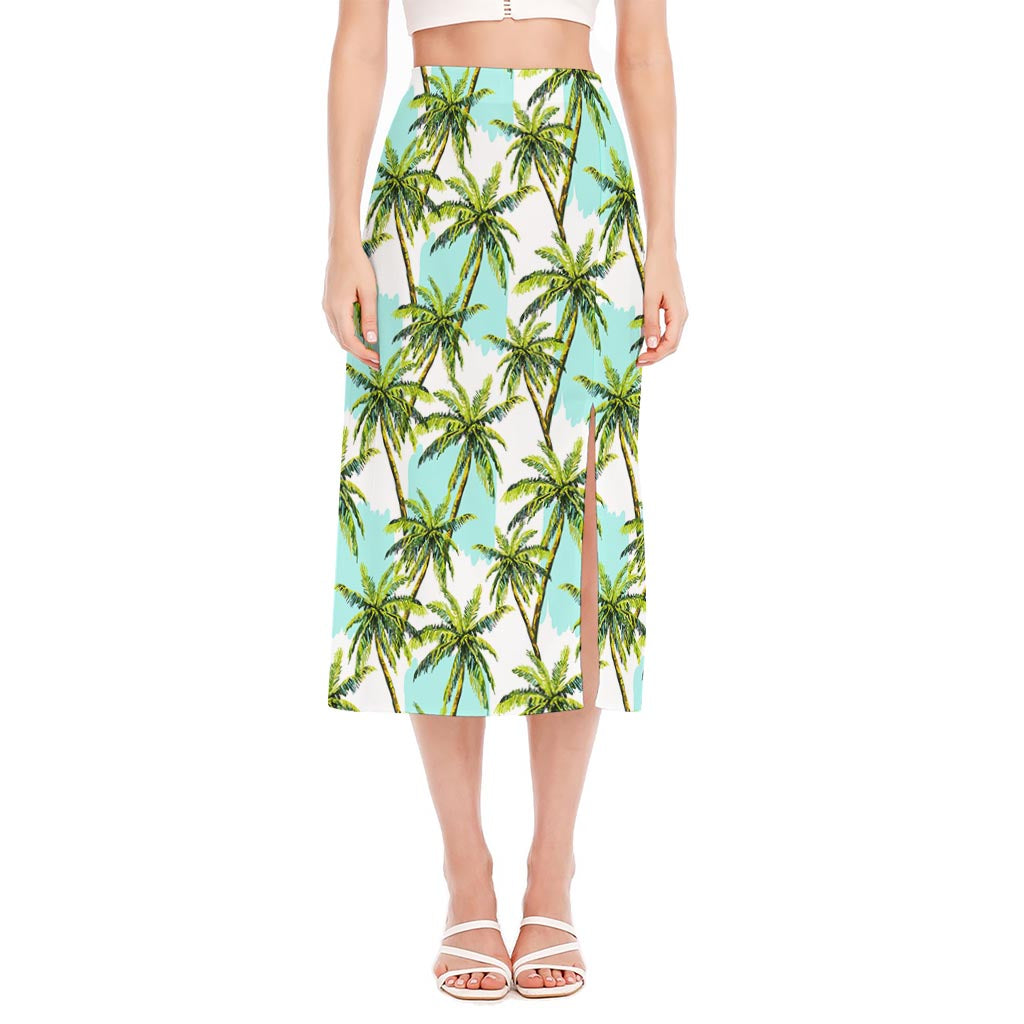 Palm Tree Tropical Pattern Print Side Slit Midi Skirt
