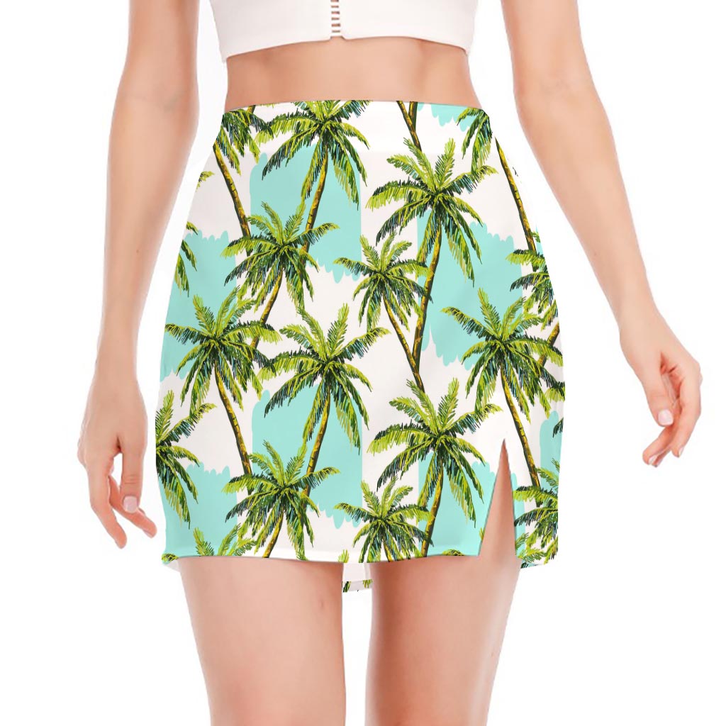 Palm Tree Tropical Pattern Print Side Slit Mini Skirt