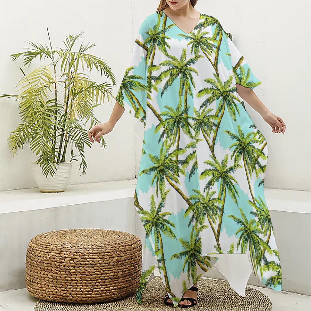 Palm Tree Tropical Pattern Print Silk V-Neck Kaftan Dress