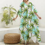 Palm Tree Tropical Pattern Print Silk V-Neck Kaftan Dress