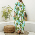 Palm Tree Tropical Pattern Print Silk V-Neck Kaftan Dress