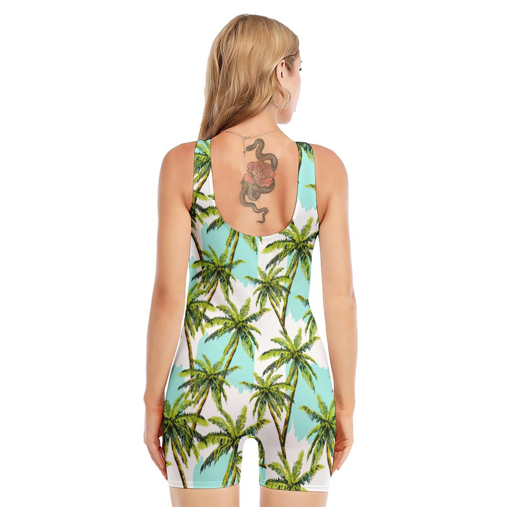 Palm Tree Tropical Pattern Print Sleeveless One Piece Swimsuit