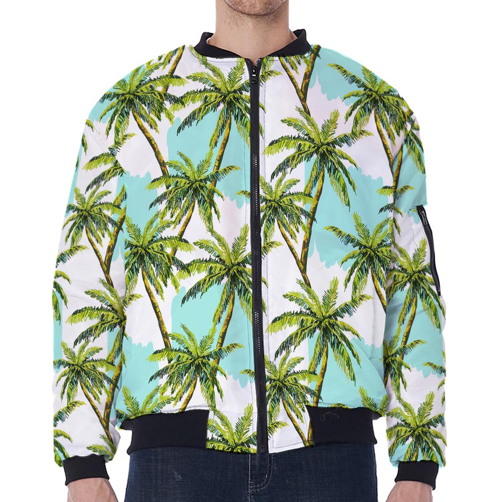 Palm Tree Tropical Pattern Print Zip Sleeve Bomber Jacket
