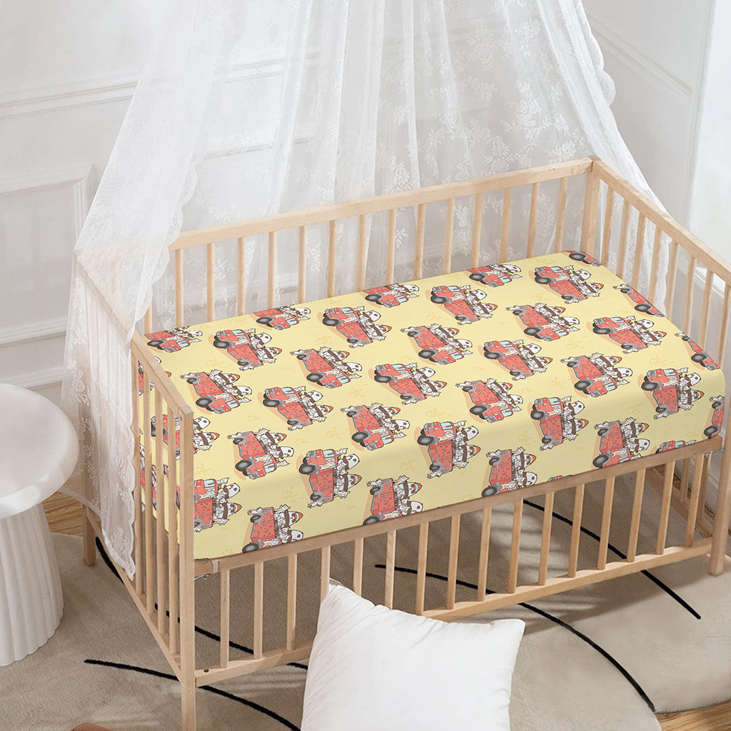 Panda Firefighter And Cat Pattern Print Baby Crib Sheet