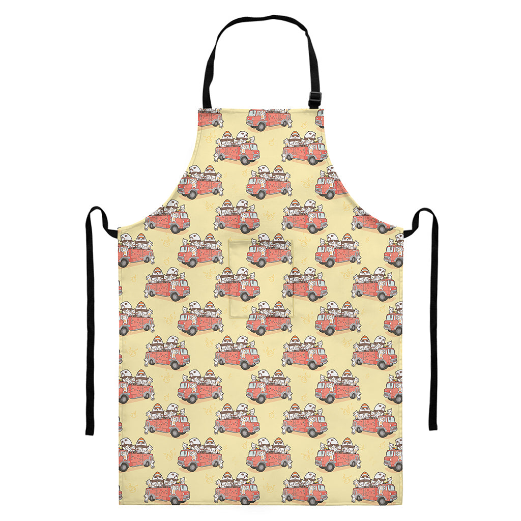 Panda Firefighter And Cat Pattern Print Bib Apron With Pocket