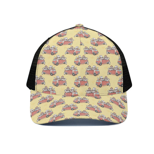 Panda Firefighter And Cat Pattern Print Black Mesh Trucker Cap