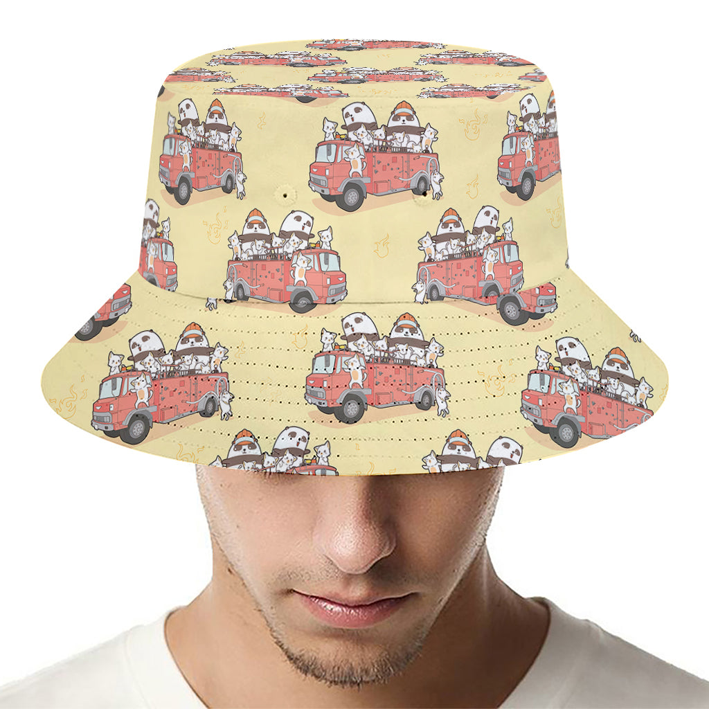 Panda Firefighter And Cat Pattern Print Bucket Hat