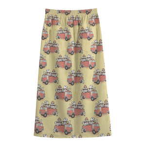 Panda Firefighter And Cat Pattern Print Cotton Front Slit Maxi Skirt