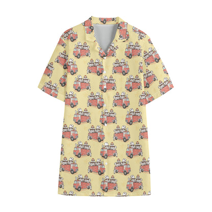 Panda Firefighter And Cat Pattern Print Cotton Hawaiian Shirt