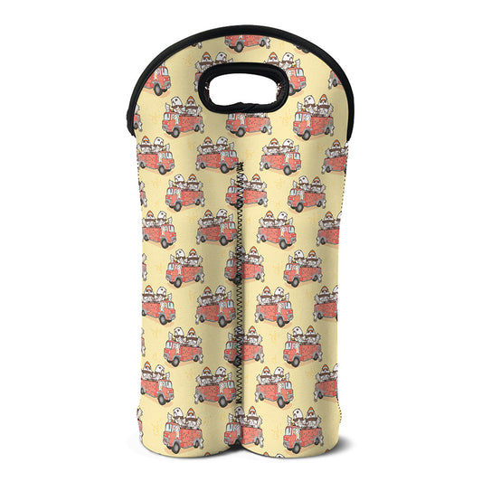 Panda Firefighter And Cat Pattern Print Double Neoprene Wine Tote