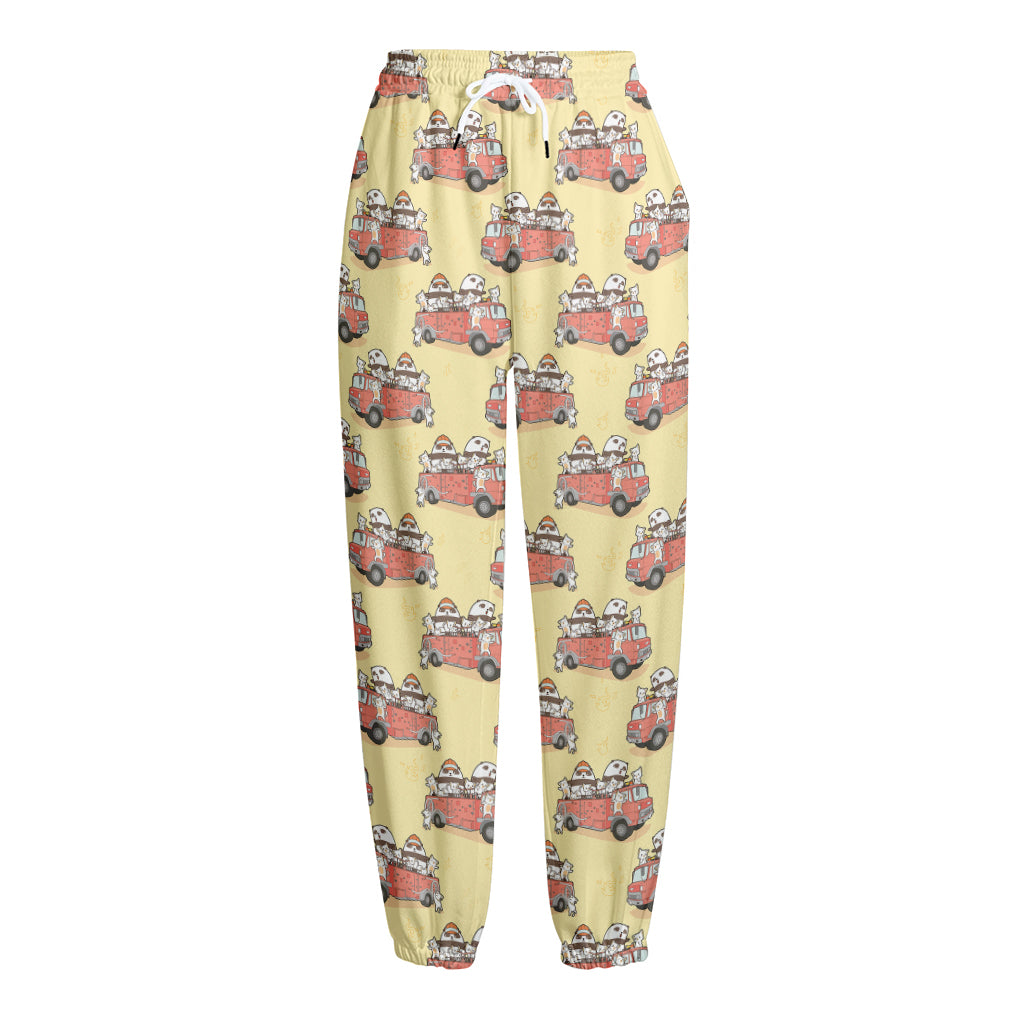 Panda Firefighter And Cat Pattern Print Fleece Lined Knit Pants