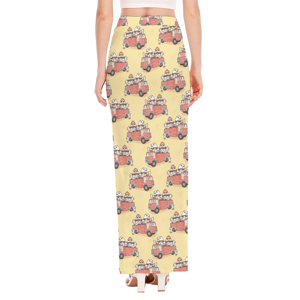 Panda Firefighter And Cat Pattern Print High Slit Maxi Skirt