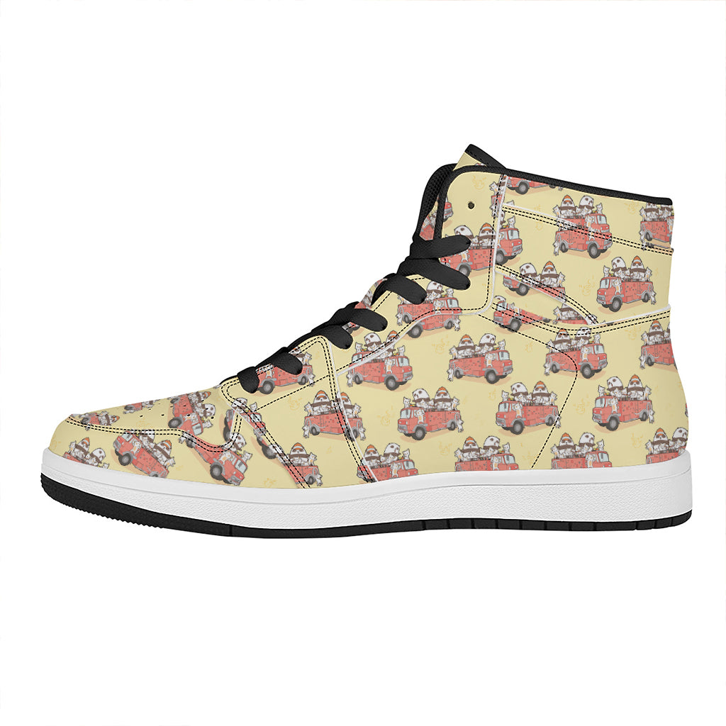 Panda Firefighter And Cat Pattern Print High Top Leather Sneakers