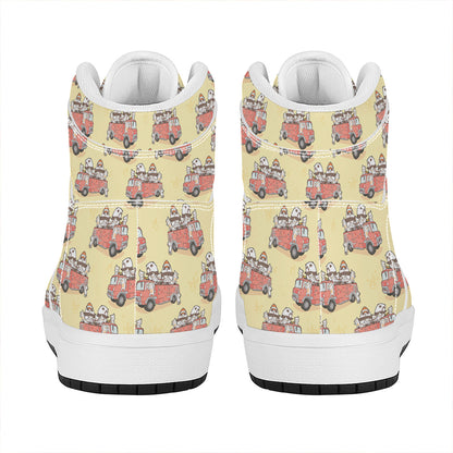 Panda Firefighter And Cat Pattern Print High Top Leather Sneakers