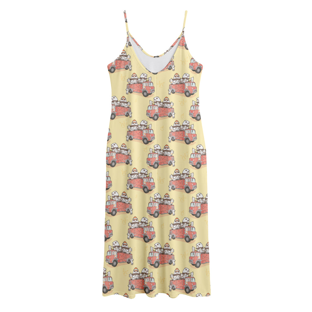 Panda Firefighter And Cat Pattern Print Jersey Midi Cami Dress