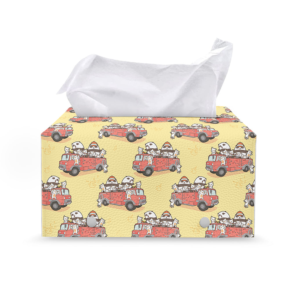 Panda Firefighter And Cat Pattern Print Leather Tissue Box Cover