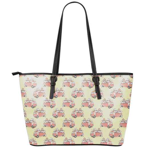 Panda Firefighter And Cat Pattern Print Leather Tote Bag