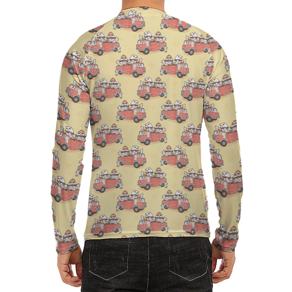 Panda Firefighter And Cat Pattern Print Men's Long Sleeve Rash Guard