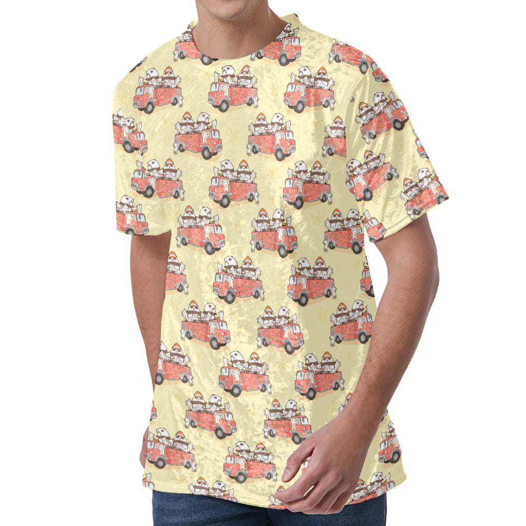 Panda Firefighter And Cat Pattern Print Men's Velvet T-Shirt