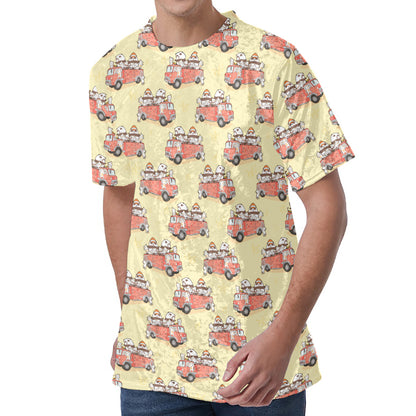Panda Firefighter And Cat Pattern Print Men's Velvet T-Shirt